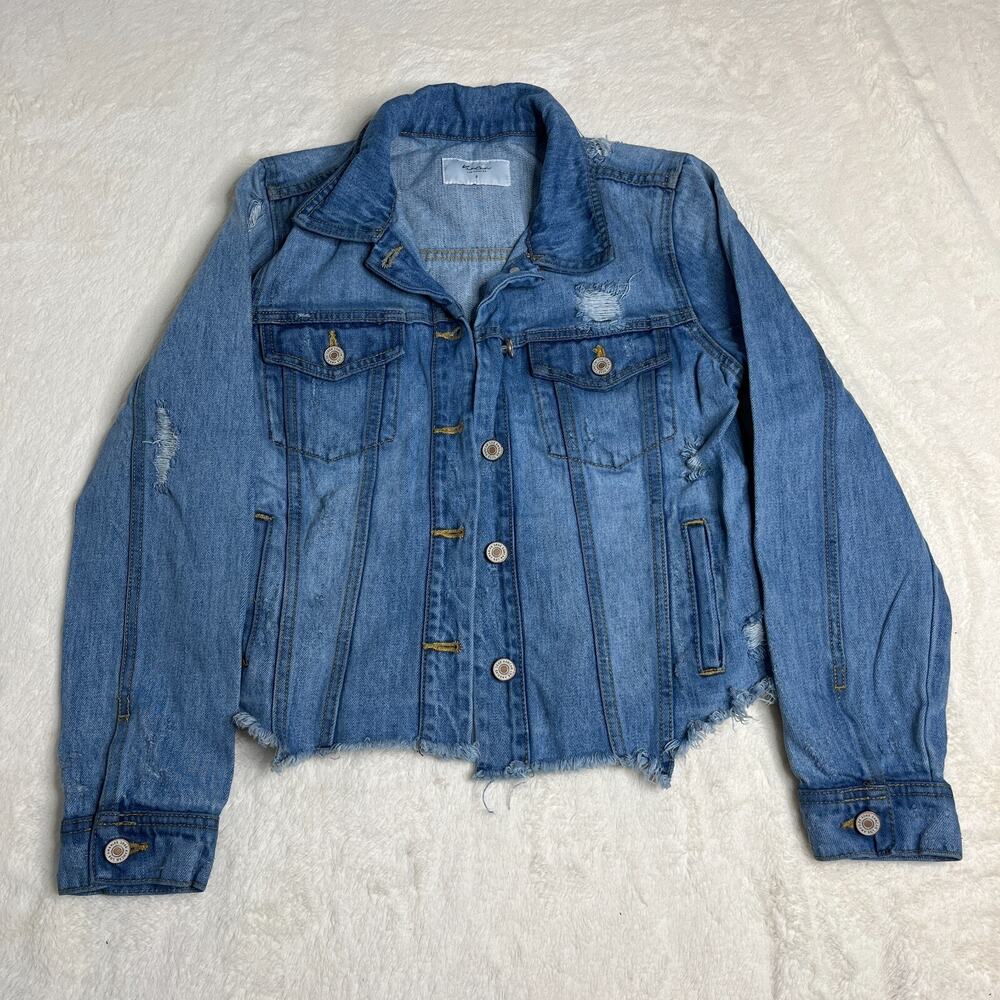 KanCan Los Angeles Size Small Distressed Denim Blue Jean Jacket Raw Hem
